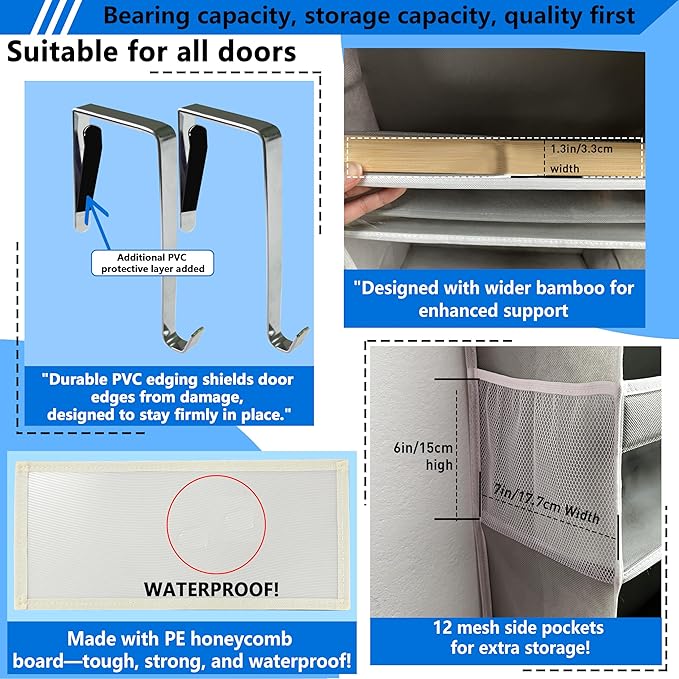 Over the Door Organizer Storage 6 Tier, 12 Large Capacity Side Pockets, Heavy Duty Metal Reinforced Hook Anti Tilt 75 LB Load Behind Door Storage for Bedroom Bathroom Pantry Nursery