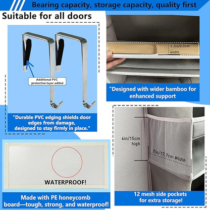 Over the Door Organizer Storage 6 Tier, 12 Large Capacity Side Pockets, Heavy Duty Metal Reinforced Hook Anti Tilt 75 LB Load Behind Door Storage for Bedroom Bathroom Pantry Nursery