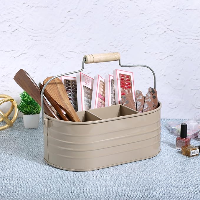 Alpha Living Home Multi-Functional Utensil Silverware Caddy - 4 Compartment Organizer for Kitchen, Party & Office – Durable Beige Powder-Coated Iron Alloy with Wooden Handle
