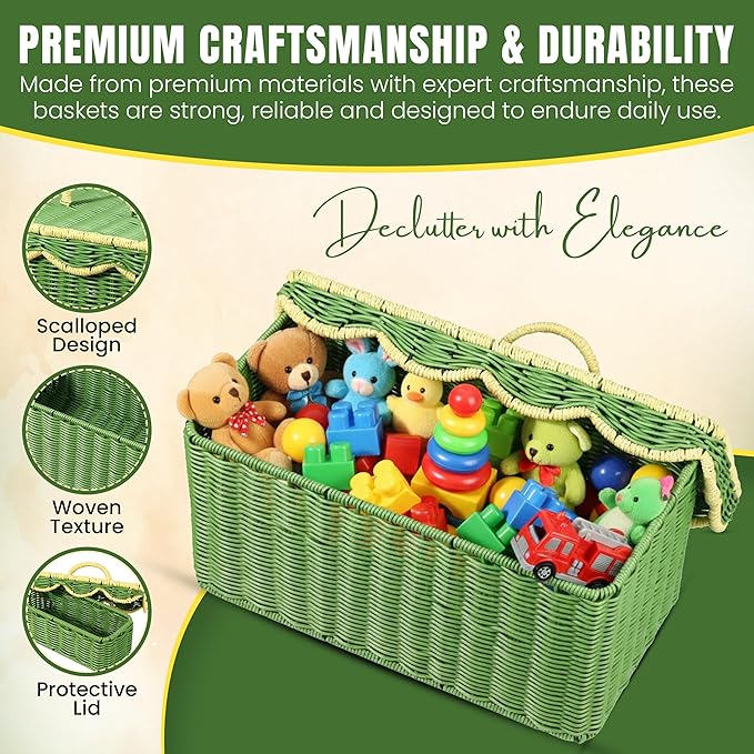 Scalloped Hyacinth Wicker Basket for Toy Storage | 3 Pack Woven Storage Baskets | Decorative Storage Baskets for Shelves | Rattan Baskets for Bedroom By NovaHeavensNest (Green & Golden)