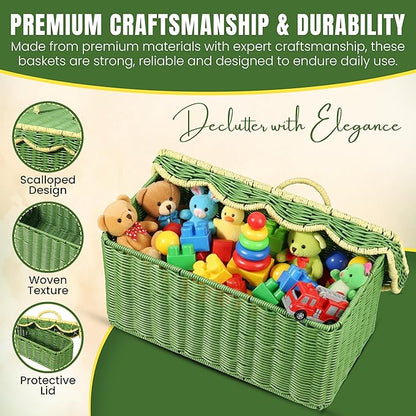 Scalloped Hyacinth Wicker Basket for Toy Storage | 3 Pack Woven Storage Baskets | Decorative Storage Baskets for Shelves | Rattan Baskets for Bedroom By NovaHeavensNest (Green & Golden)