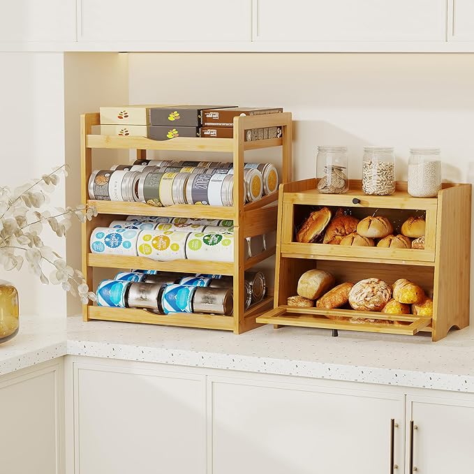 BAMBANG Can Organizer for Pantry, Detachable Bamboo 4 Tier Stackable Can Storage Rack, Rolling Soda Can Dispenser Can Holders for Cabinet, Holds Up to 48 Cans