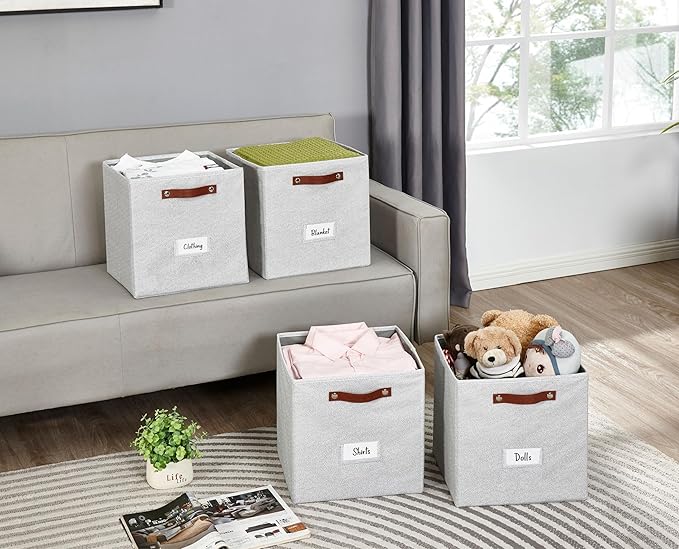 DECOMOMO Storage Baskets, 13x15x13 Storage Cube Bins with Labels for Organizing Shelves (Kallax / 4pcs, Light Texture Grey)