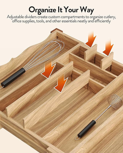 Orimade Oak Expandable Silverware Drawer Organizer, Adjustable Kitchen Utensil Holder & Cutlery Tray Drawer Dividers for Flatware (10 Slot), Large