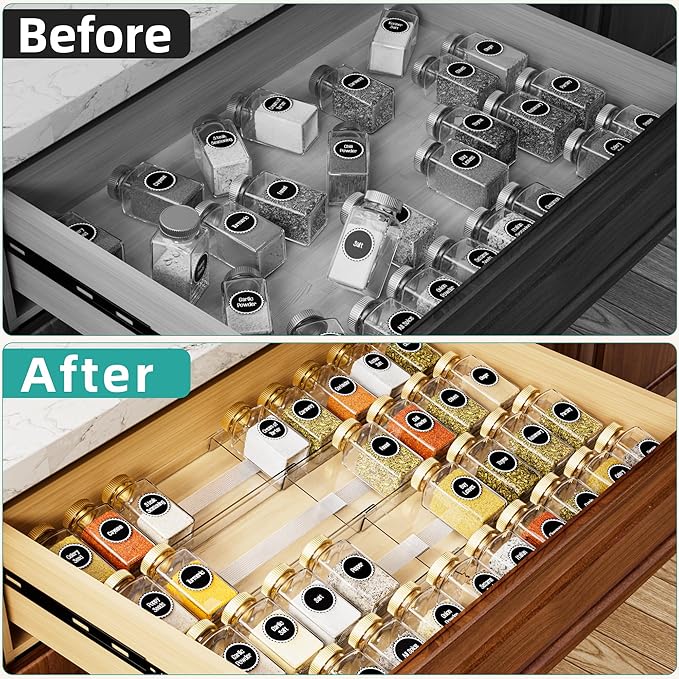 MIUKAA Acrylic Spice Drawer Organizer, 4 Tier - 8 Pack Seasoning Organizer for Drawer, Expandable From 13" to 26" Kitchen Drawer Spice Rack with Slip-Proof Mat (Jars not Included)