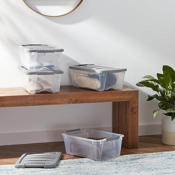Amazon Basics Plastic Storage Containers with Secure Latching Lids, Stackable Organization Bins for Organizing, Clear/Grey, 12 Quart, Set of 6