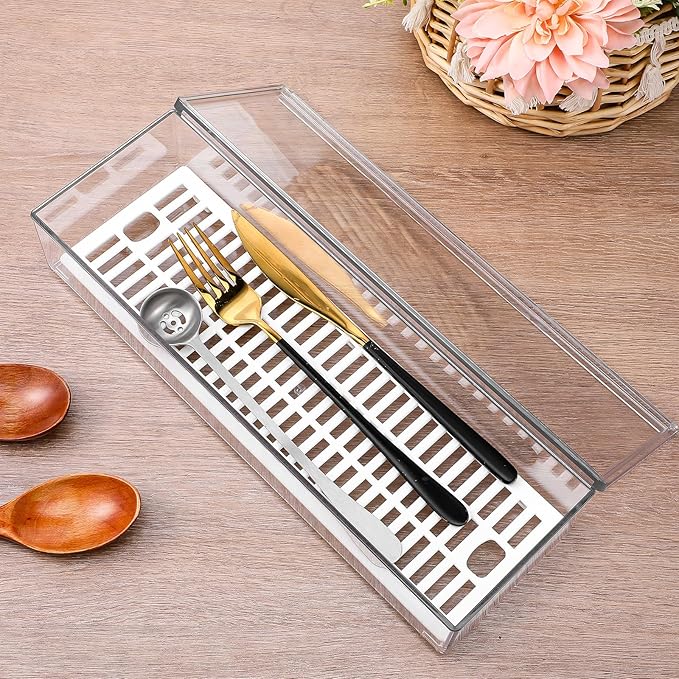 2 Pcs Clear Silverware organizer with lid, Plastic Flatware Storage Box, Kitchen Drawer Organizer tray, Cutlery Utensil Holder for Flatware and Silverware