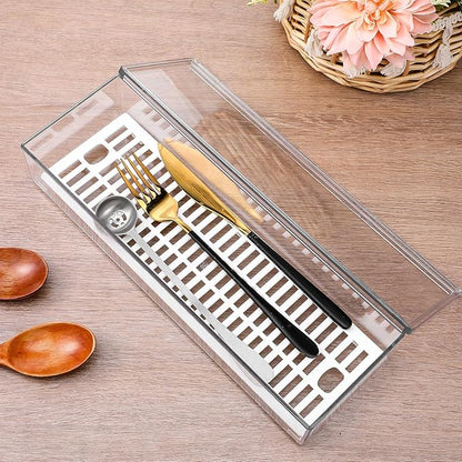 2 Pcs Clear Silverware organizer with lid, Plastic Flatware Storage Box, Kitchen Drawer Organizer tray, Cutlery Utensil Holder for Flatware and Silverware