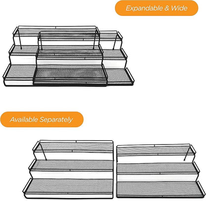 3 Tier Wide Expandable Cabinet Spice Rack Organizer (14.5" to 29.1") - Step Shelf with Protection Railing, Black