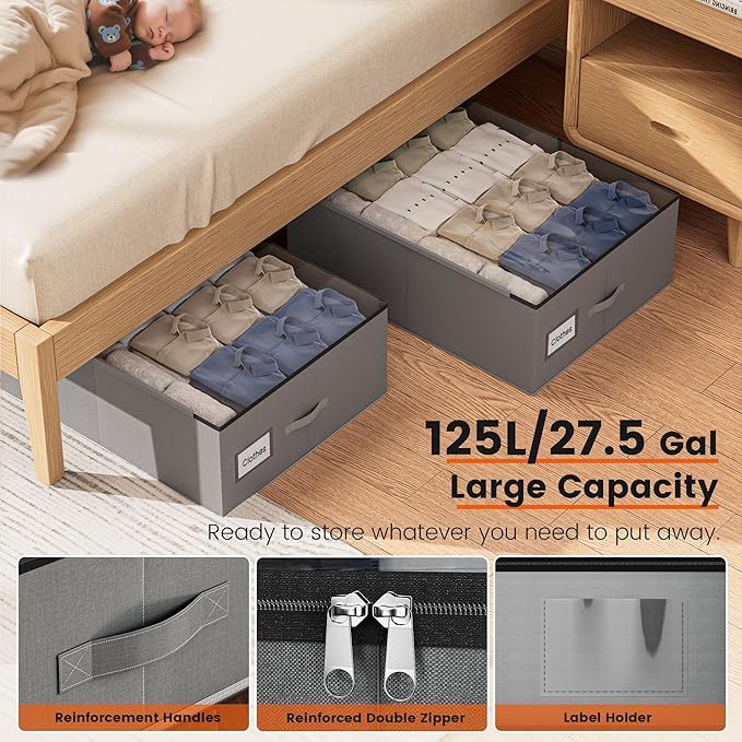 XXXXL 125L Under Bed Storage, Storage Containers with Support & Clear Lid, Support Frame, Underbed Storage Bins for Clothes, Shoes, Blankets, and Toys 2 pack