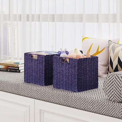 Vagusicc Wicker Storage Basket, Set of 2 Hand-Woven Wicker Basket, 11 inch Storage Basket, Foldable Cube Storage Organizer Bins, Storage Baskets for Organizing Shelves Decor, Purple (11″×11″×11″)