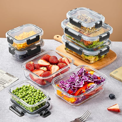 Liuruiyu 10 Pack Glass Food Storage Containers with Lids, Meal Prep Containers, Airtight Bento Boxes with Leak Proof Locking for Microwave, Oven, Freezer and Dishwasher, BPA Free