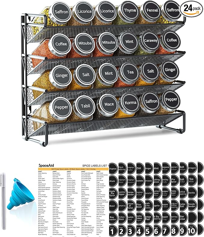SpaceAid Spice Rack Organizer with 24 Spice Jars, 386 Spice Labels, Chalk Marker and Funnel Set for Cabinet, Countertop, Pantry, Cupboard or Door & Wall Mount -24 Jars, 11.8" W × 10.8" H, Black