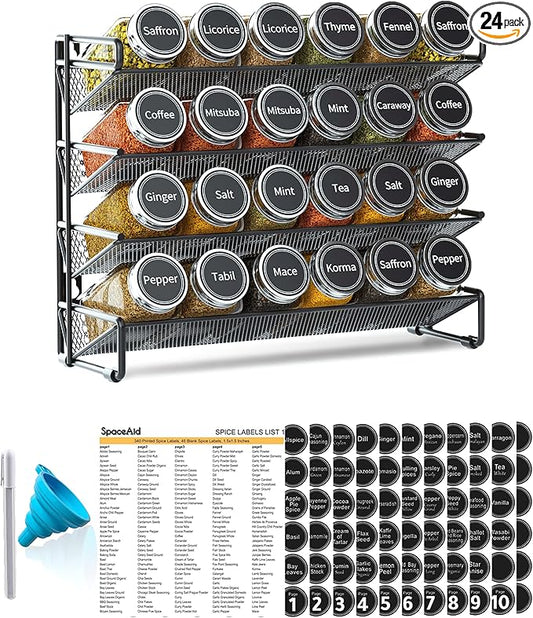 SpaceAid Spice Rack Organizer with 24 Spice Jars, 386 Spice Labels, Chalk Marker and Funnel Set for Cabinet, Countertop, Pantry, Cupboard or Door & Wall Mount -24 Jars, 11.8" W × 10.8" H, Black
