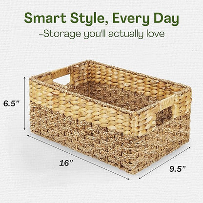 Medium Wicker Storage Baskets with Handles, Natural Seagrass and Hyacinth Woven Storage Basket for Organizing Shelves, Bedroom, Pantry, Rectangular, 15.5 x 9.5 x 6.5 Inches