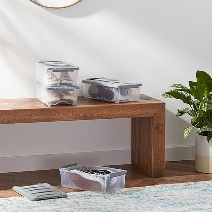 Amazon Basics Plastic Storage Containers with Secure Latching Lids, Stackable Organization Bins for Organizing, Clear/Grey, 5 Quart, Set of 10