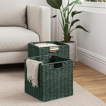 Vagusicc Wicker Storage Basket, Set of 2 Hand-Woven Paper Rope Wicker Basket, Foldable Cube Storage Bins, Square Large Storage Baskets for Organizing Shelves & Decor, Orange (13″×13″×13″)