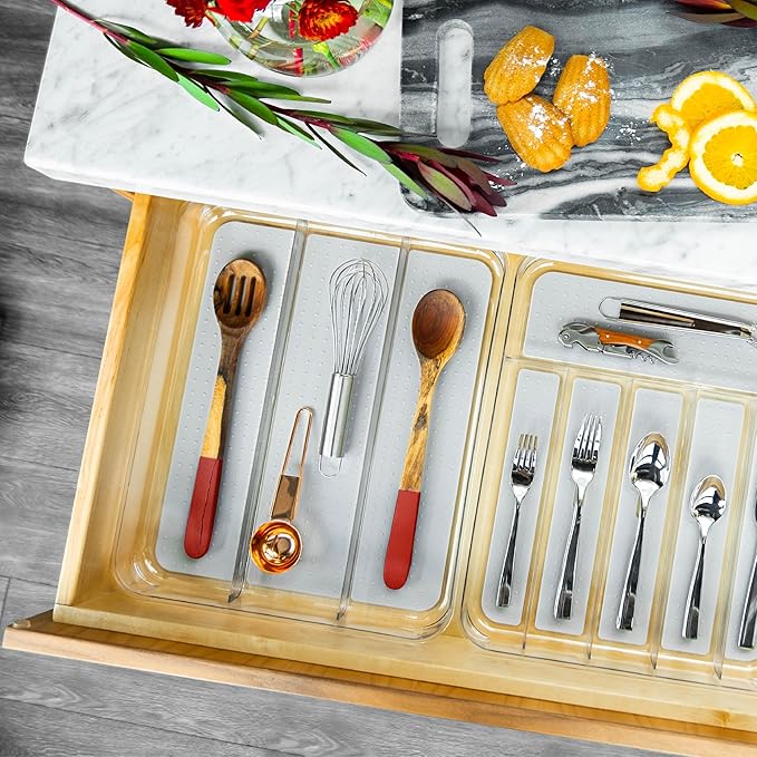 madesmart Premium 3 Compartment Clear Drawer Organizer, Multi-Purpose Storage with Soft Grip Lining & Non Slip Base, Grey