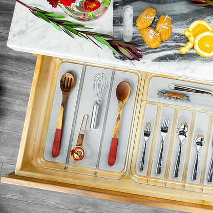 madesmart Premium 3 Compartment Clear Drawer Organizer, Multi-Purpose Storage with Soft Grip Lining & Non Slip Base, Grey