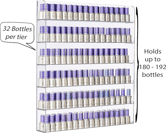 AMT 6 Tier Acrylic Nail Polish Racks for the Wall, Holds up to 180 Bottles, CLEAR Nail Polish Display, Essential Oils Organizer. Plus a Microfiber Cloth for Cleaning Purposes