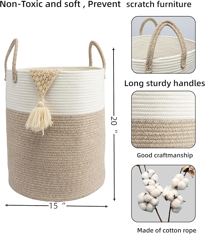 Woven Cotton Rope Laundry basket-15”X20” Laundry Hamper-Rope Storage Basket for Dirty Clothes, Toys and Blankets Perfect for Bathroom, Baby nursery and Living Room Storage (white and brown)