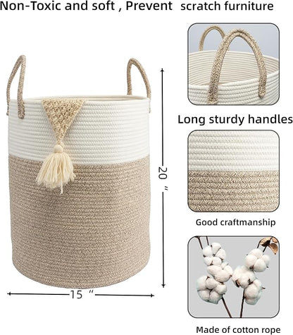 Woven Cotton Rope Laundry basket-15”X20” Laundry Hamper-Rope Storage Basket for Dirty Clothes, Toys and Blankets Perfect for Bathroom, Baby nursery and Living Room Storage (white and brown)