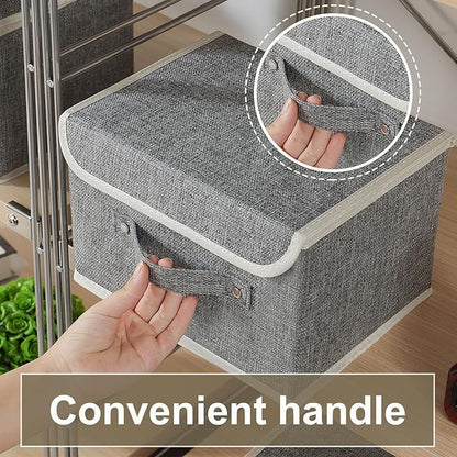 Storage Boxes, Collapsible Storage Bins with Lids, Cotton and linen cloth Storage Baskets with Handle, for Books, Closet, Bedroom, Home, Grey, 3 Pack 10.2 X 7.9 X 6.7in