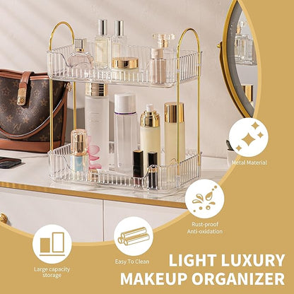 YCIA&DONE Bathroom Organizer Countertop, Makeup Storage, Skincare Cosmetic Tray Shelf, Perfume Holder Rack for Vanity Counter, Large Capacity, Easy to Install, Clean, 2 Tiers, Clear White