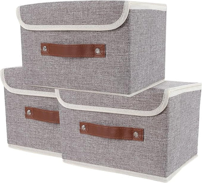 Large Storage Bin with Lid Storage Boxes,Collapsible Linen Storage Basket Container with Lid Storage Cube for Organizing Closets,3 Pack(Grey)