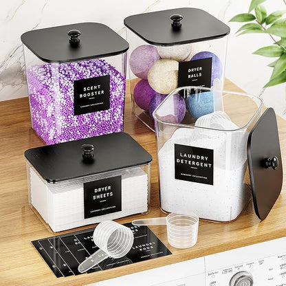 4 Pack Laundry Pods Container, Clear Laundry Room Organization Containers Essentials, Large Detergent Powder Storage Containers Black Wooden Lids & Labels Signs, Home Acrylic Laundry Pods Holder