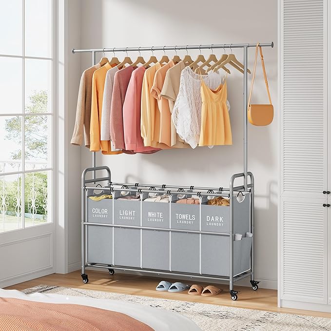 Tajsoon Laundry Hamper with Hanging Rack, 5 Section Laundry Sorter, Rolling Laundry Sorter Cart with Wheels and Hanging bar, Removable Basket Organizer for Bedroom, Bathroom, Grey