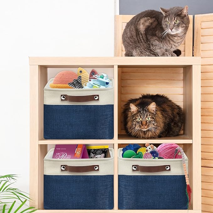 Simple Houseware 15" x 11" Large Fabric Storage Bin for Closet and Shelves, Leather Like Handles, 3 Pack, Steel Blue