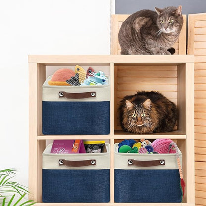 Simple Houseware 15" x 11" Large Fabric Storage Bin for Closet and Shelves, Leather Like Handles, 3 Pack, Steel Blue