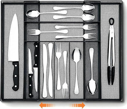 1 Pcs Utensil Drawer Silverware Organizer, Metal Mesh Expandable 13" ~24" Kitchen Drawer Organizer, 7-9 Slots Cutlery Tray Dividers for Kitchen Flatware Christmas Housewarming Gift (Black)