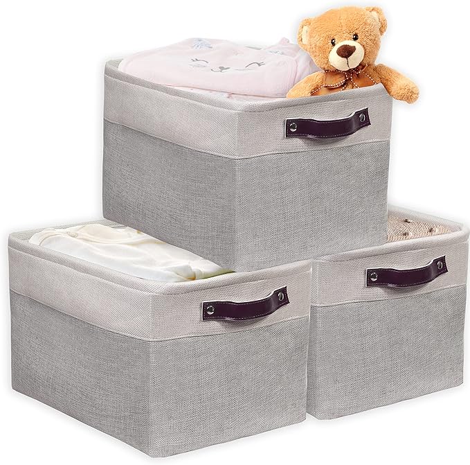 Simple Houseware 15" x 11" Large Fabric Storage Bin for Closet and Shelves, Leather Like Handles, 3 Pack, Gray