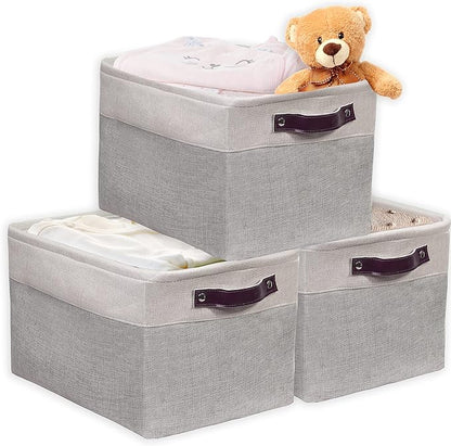 Simple Houseware 15" x 11" Large Fabric Storage Bin for Closet and Shelves, Leather Like Handles, 3 Pack, Gray