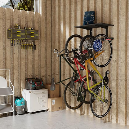 Mount-It! WheelsUp Bike Wall Mount with Shelf | Garage Storage Rack for 3 Bikes & Accessories | Adjustable Padded Hooks, Max Capacity 275 lbs | Ideal Bike Rack Garage Wall Mount for Organized Spaces