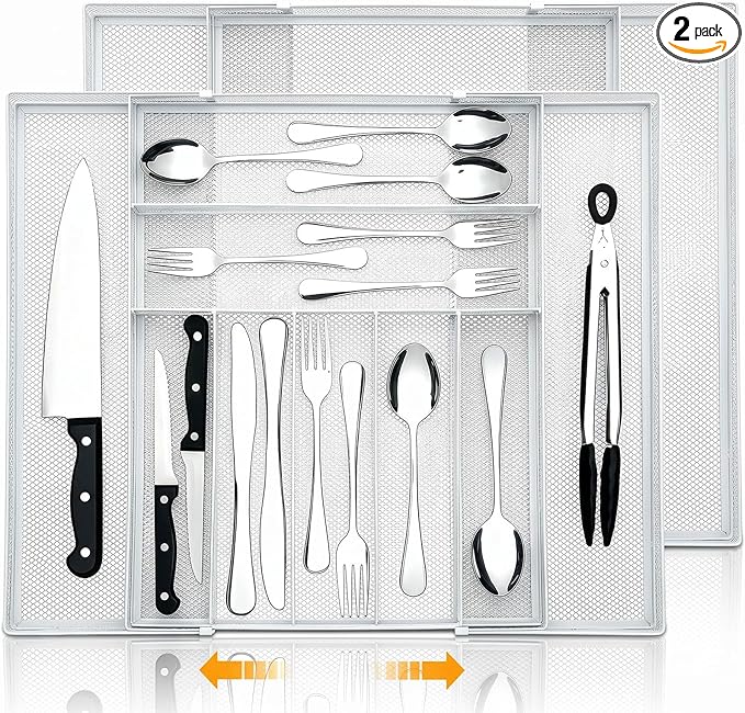 2 Pcs Utensil Drawer Silverware Organizer, Metal Mesh Expandable 13" 24" Kitchen Drawer Organizer, 7-9 Slots Cutlery Tray Dividers for Kitchen Flatware Christmas Housewarming Gift (White)