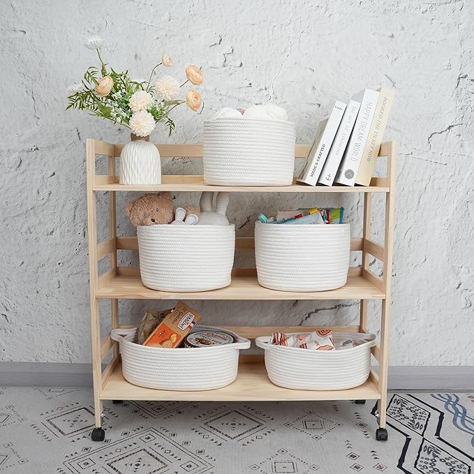 XUANGUO Woven Cotton Storage Baskets - 3-Pack Round Bins (10x10x7'') for Shelves, Closets & Bookcases | Durable Rope Organizers for Nursery, Baby, Toys, Easter & More (white)