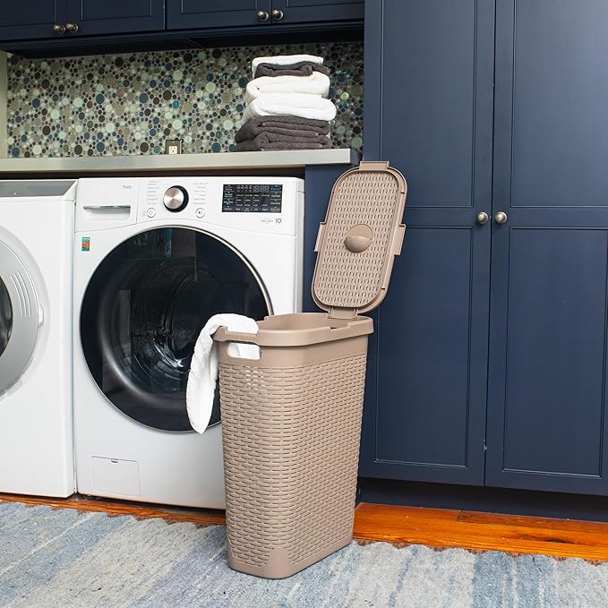 Mind Reader Slim Laundry Hamper with Lid, 40L Clothes Basket, Narrow Tapered Design with Ventilated Cutout Pattern, Plastic, Tan
