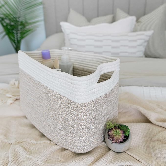 Light Honey Cotton Rope Baskets for Shelves, Set of 3-15"×10"×9½" - Woven Storage Baskets for Organizing - Closet, Nursery, Bedroom, Playroom - Toys, Books, Towels, Clothes