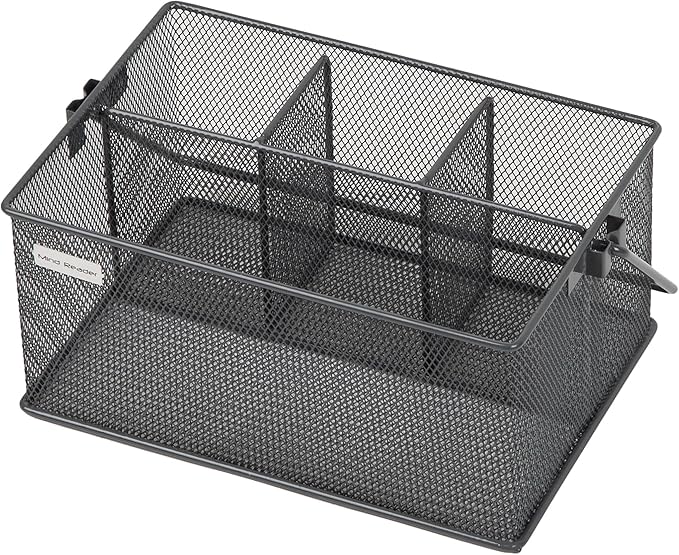 Mind Reader Multi-purpose Storage Caddy with Handle, Desktop Organizer, Cutlery Holder, 4 Compartments, Metal Mesh, Gray
