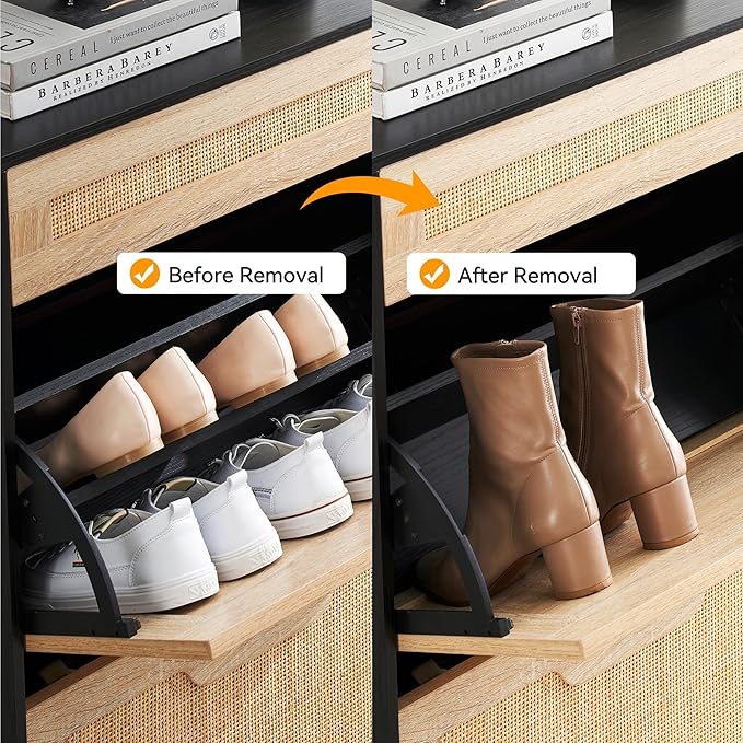 Entryway Shoe Cabinet with 2 Flip Drawers, Slim Freestanding Wooden Shoe Organizer with Linen Front Panels, Space-Saving Closed Shoe Rack for Hallway, Foyer, or Small Apartment(Black)