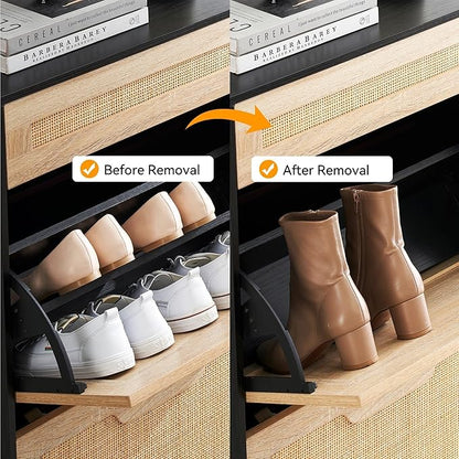 Entryway Shoe Cabinet with 2 Flip Drawers, Slim Freestanding Wooden Shoe Organizer with Linen Front Panels, Space-Saving Closed Shoe Rack for Hallway, Foyer, or Small Apartment(Black)