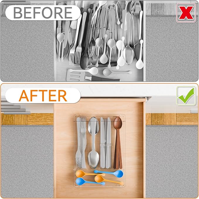 Yieach Clear Silverware Organizer with Lid - 9 inch Wide - Small Silverware Drawer Organizer & Tray and Utensil Drawer Organizers with Lid,BPA Free Plastic Flatware Drawers Organizers for Fork,Spoon