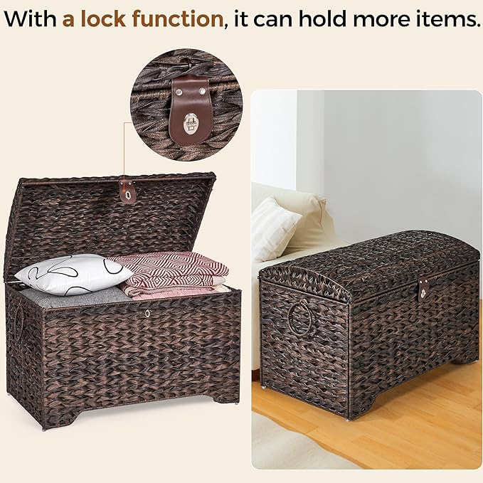 Honjourai Handwoven Storage Basket with Lid, 178L Plastic Rattan Storage Bin, Leather Buckle & Metal Frame, Large Metal Ring Handles, Storage Trunk for Bedroom, Laundry Room