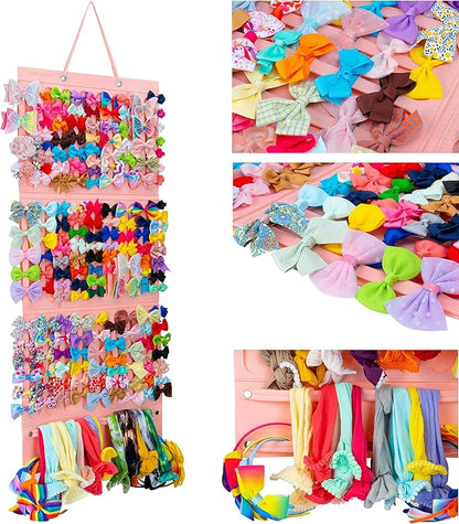 Girly Pink Hair Accessory Organizer - Holder for Girls' Hair Bows, Clips, Ties & Scrunchies - Foldable Wall Mount Storage Caddy