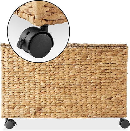 Casafield Rolling Storage Basket Cart with Lid and Locking Wheels, Natural - Handwoven Water Hyacinth Divided Recycling Sorting Bin for Kitchen, Laundry Room, Garage