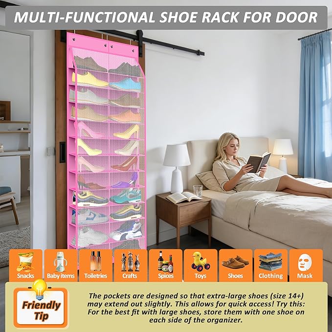Kotkn 24-Pair Over Door Shoe Organizer for Family & Kids, Double Sided | Hanging Storage for Sneakers, Boots, Toys & Room OrganizationRose Quartz
