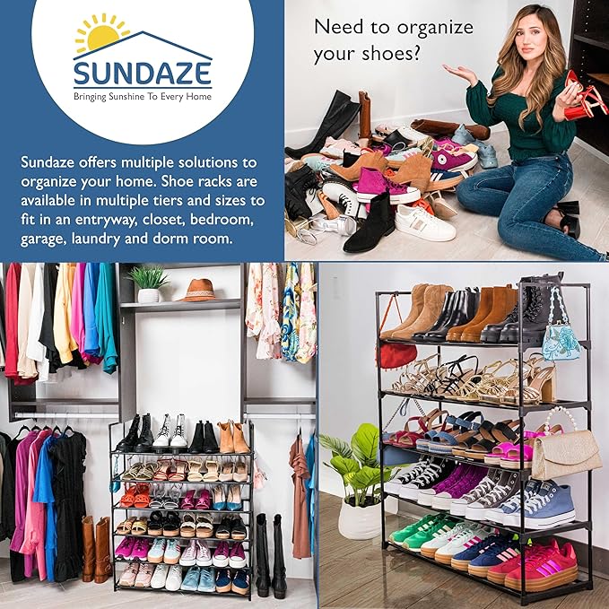 Sundaze Shoe Rack - 5 Tier Metal Shoe Rack for Front Door Entrance, Sturdy Long Shoe Organizer for Closet, Bedroom, Entryway, Garage, Black Metal Shoe Shelf, Holds Up to 25 Pairs